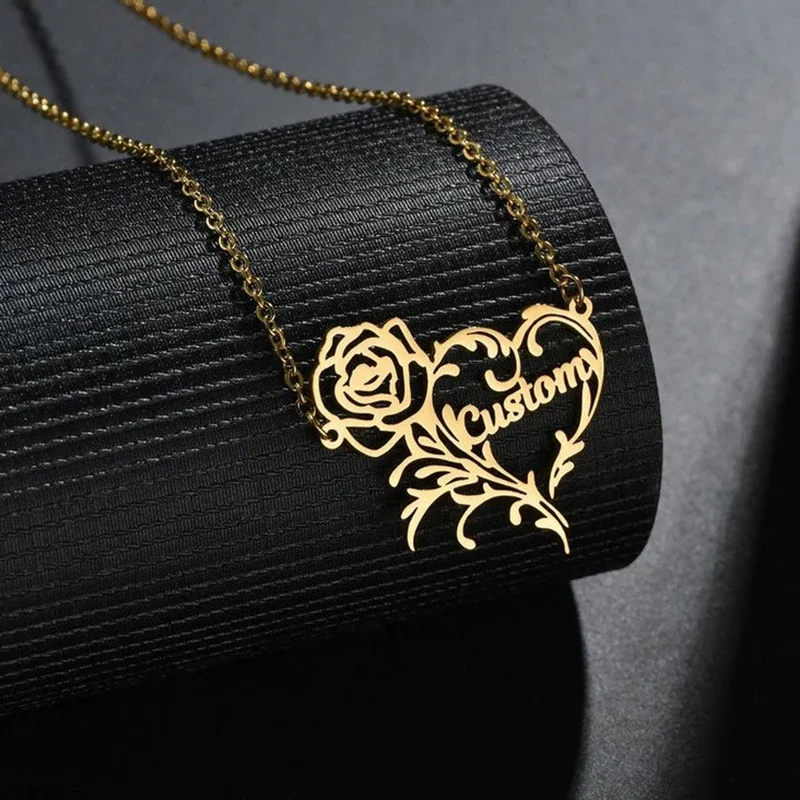Birth Flower Necklace - Custom Name Rose Heart Charm Necklace